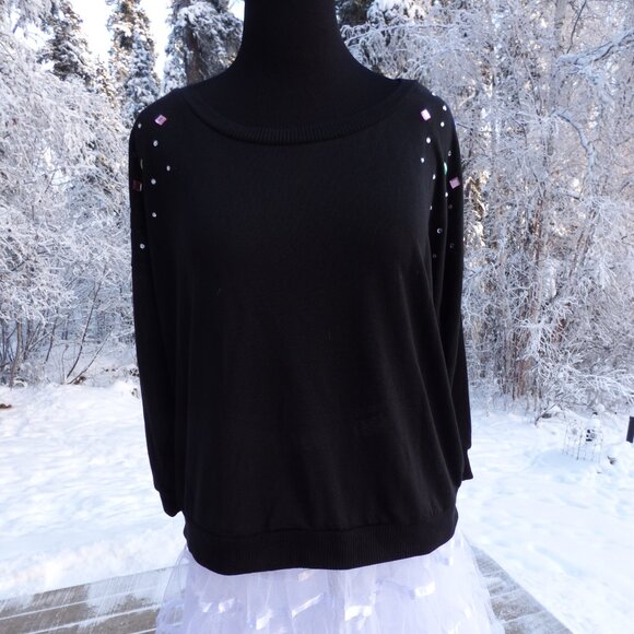 BONGO GOTH VAMPIRE 80'S OPEN ROSE LACE BACK CRYSTAL BLACK SWEATER GYPSY 3X XXXL - Picture 1 of 7